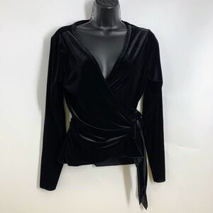 J Jill Black Velvet Wrap Long Sleeve‎ Top Blouse Stretch Size Medium